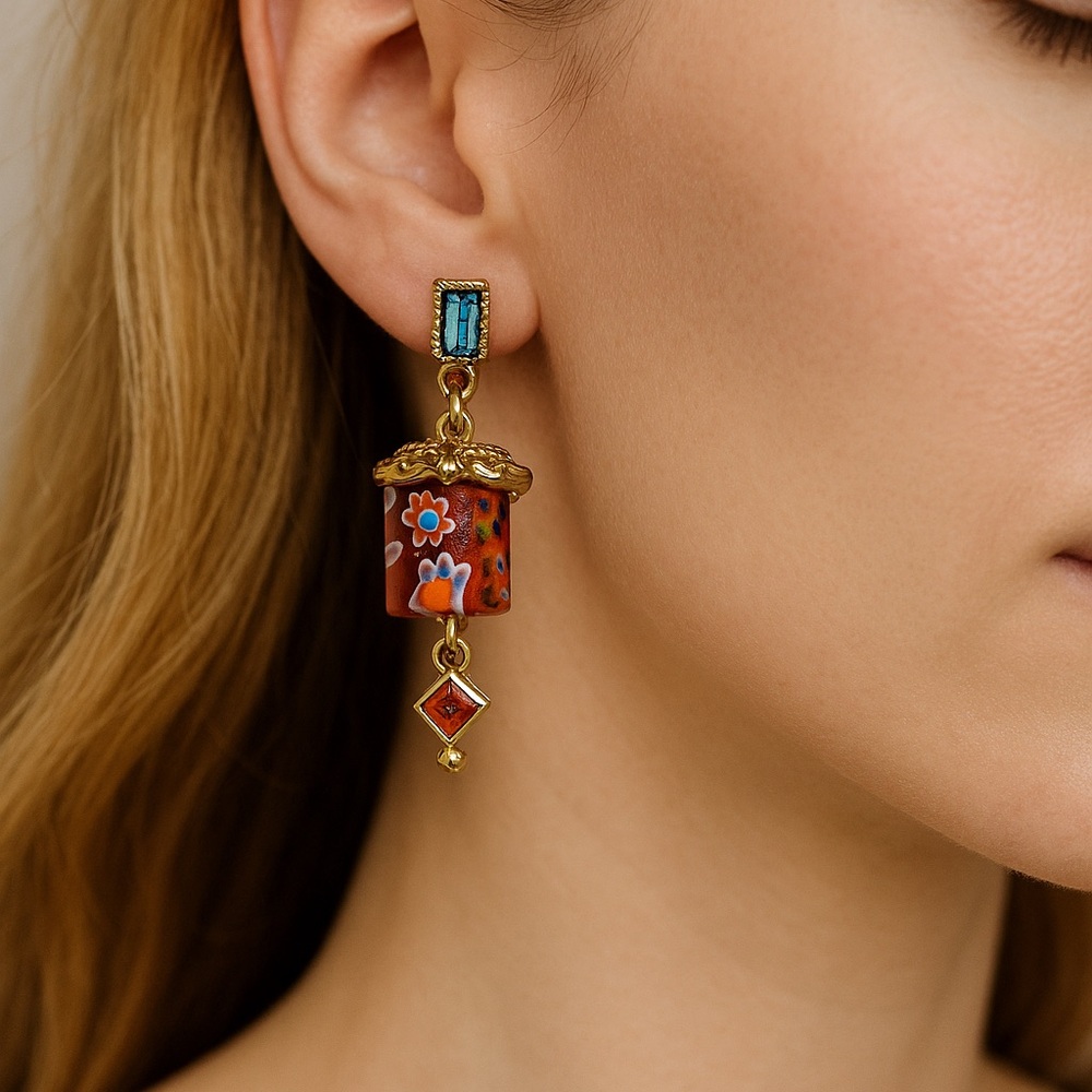 Dangle Post Pierced Earrings Bollywood design red goldtone 1.5” long